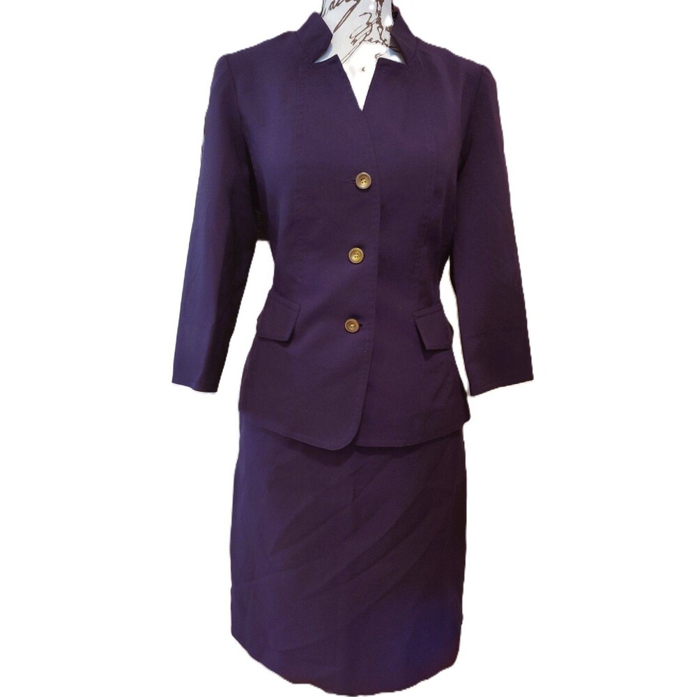 Vintage Jemma 2 Piece Plum Suit Structured Blazer w Skirt Gold Tone Buttons Sz 6